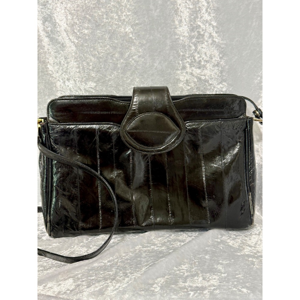 Vintage Black Genuine Eelskin Crossbody Bag Made in Korea Exotic Leather‎ Purse